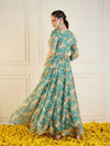 Women Turquoise Blue Floral Anarkali Skirt With Peplum Top-SHSET95935