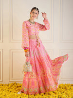 Women Pink Floral Anarkali Skirt With Ruching Crop Top-SHSET95946