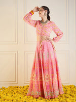 Women Pink Floral Anarkali Skirt With Ruching Crop Top-SHSET95946