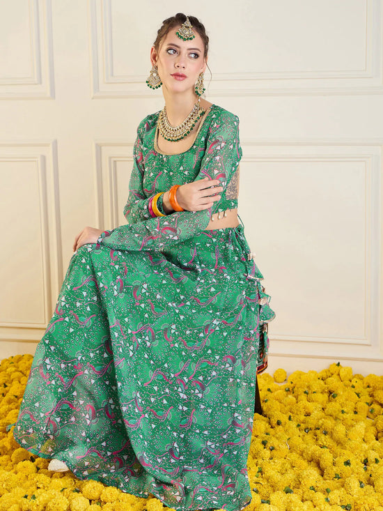 Women Green Printed Anarkali Skirt With Crop Top-SHSET95956