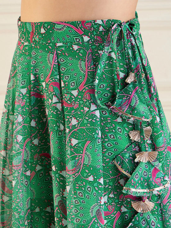 Women Green Printed Anarkali Skirt With Crop Top-SHSET95956