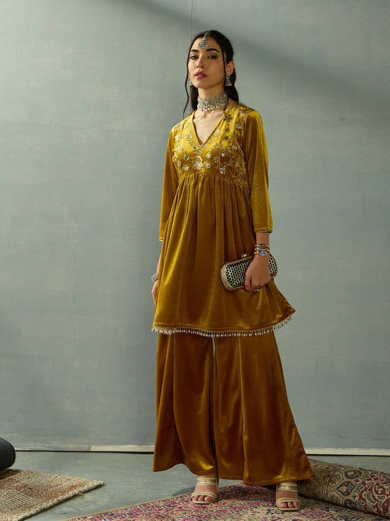 Women Mustard Velvet Embroidered Peplum Top With Palazzos-SHSET96042