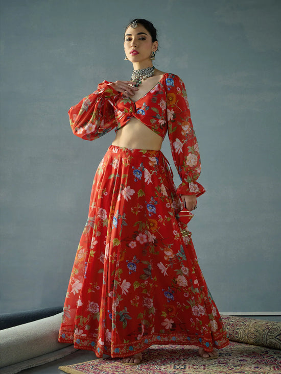 Women Red Floral Back Smocking Crop Top With Anarkali Skirt-SHSET96064