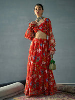 Women Red Floral Back Smocking Crop Top With Anarkali Skirt-SHSET96064