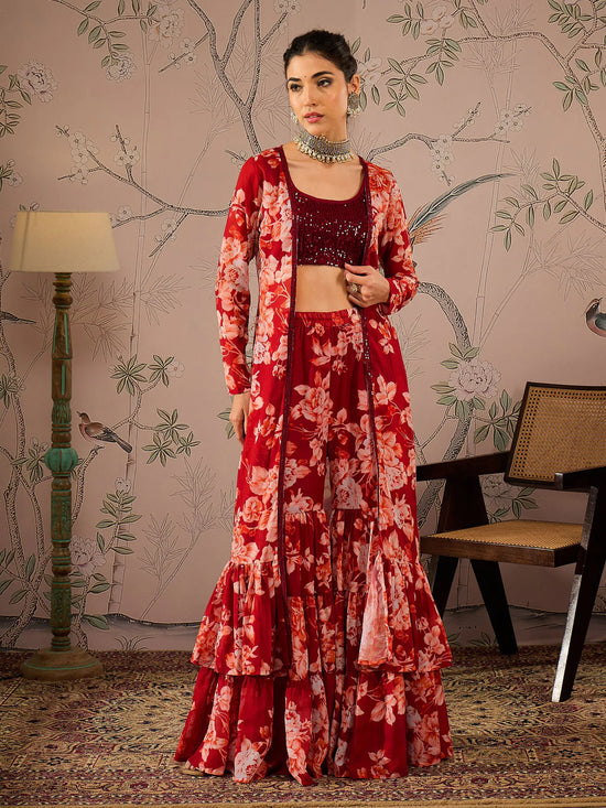 Women Maroon Sequins Crop Top With Floral Sharara And Shrug-SHSET96072