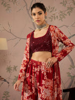 Women Maroon Sequins Crop Top With Floral Sharara And Shrug-SHSET96072