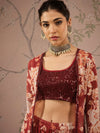 Women Maroon Sequins Crop Top With Floral Sharara And Shrug-SHSET96072