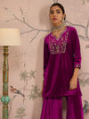 Women Fuchsia Velvet Embroidered Short Kurta With Palazzo Pants-SHSET96075