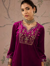 Women Fuchsia Velvet Embroidered Short Kurta With Palazzo Pants-SHSET96075