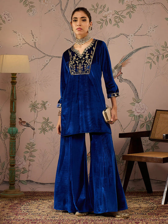 Women Royal Blue Velvet Embroidered Kurta With Palazzo Pants-SHSET96076