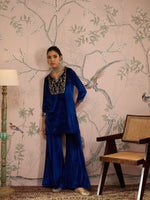 Women Royal Blue Velvet Embroidered Kurta With Palazzo Pants-SHSET96076