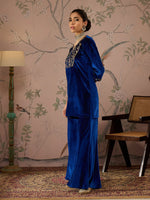 Women Royal Blue Velvet Embroidered Kurta With Palazzo Pants-SHSET96076