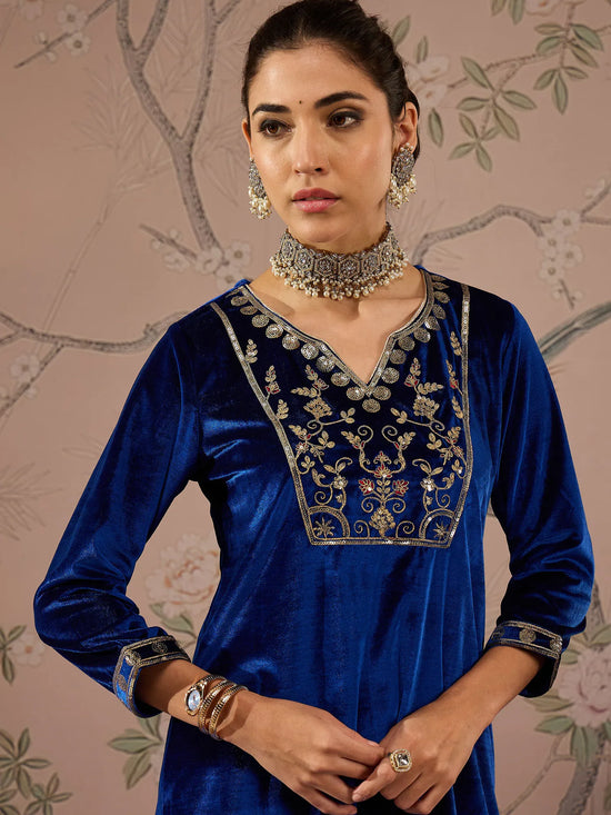 Women Royal Blue Velvet Embroidered Kurta With Palazzo Pants-SHSET96076