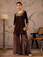 Women Brown Velvet Embroidered Short Kurta With Palazzo Pants-SHSET96079