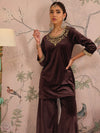 Women Brown Velvet Embroidered Short Kurta With Palazzo Pants-SHSET96079