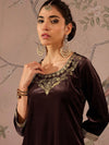 Women Brown Velvet Embroidered Short Kurta With Palazzo Pants-SHSET96079