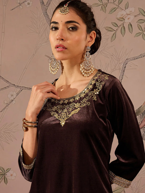 Women Brown Velvet Embroidered Short Kurta With Palazzo Pants-SHSET96079