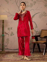 Women Red Velvet Embroidered Short Kurta With Straight Pants-SHSET96080