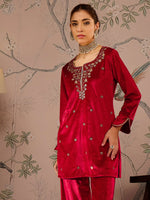 Women Red Velvet Embroidered Short Kurta With Straight Pants-SHSET96080