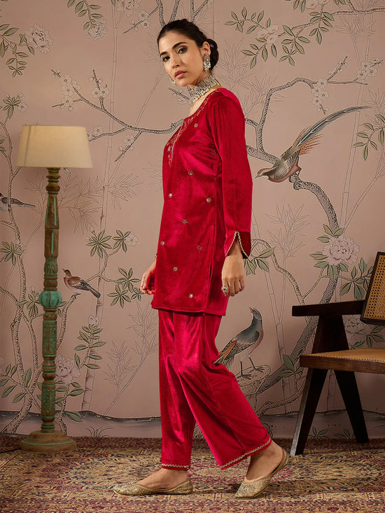 Women Red Velvet Embroidered Short Kurta With Straight Pants-SHSET96080