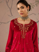 Women Red Velvet Embroidered Short Kurta With Straight Pants-SHSET96080