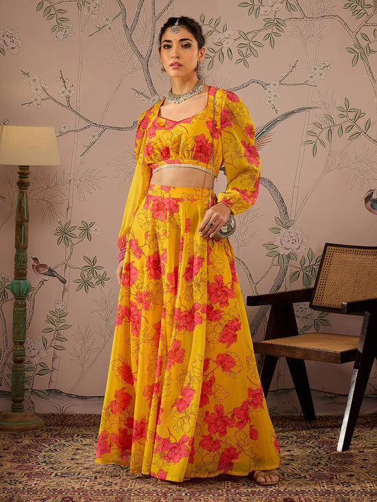 Women Yellow Floral Sweetheart Neck Crop Top With Anarkali Skirt-SHSET96086