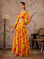 Women Yellow Floral Sweetheart Neck Crop Top With Anarkali Skirt-SHSET96086