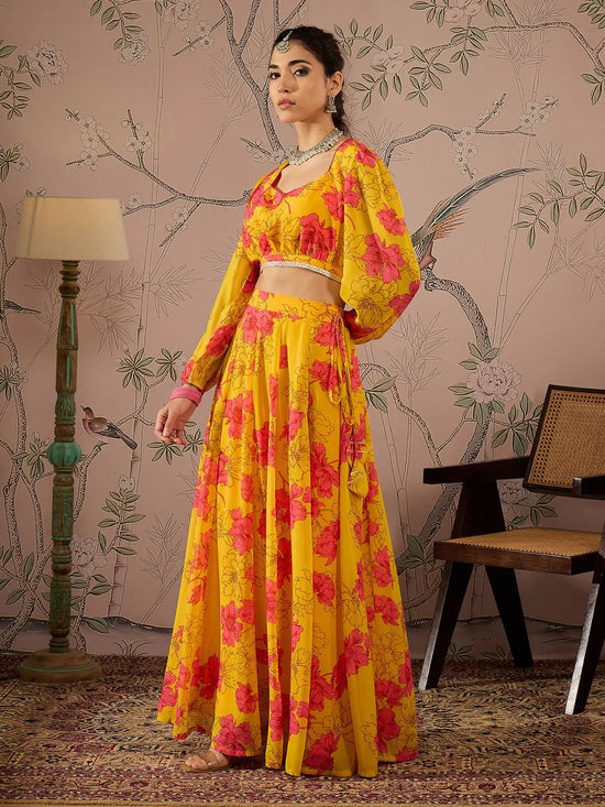 Women Yellow Floral Sweetheart Neck Crop Top With Anarkali Skirt-SHSET96086