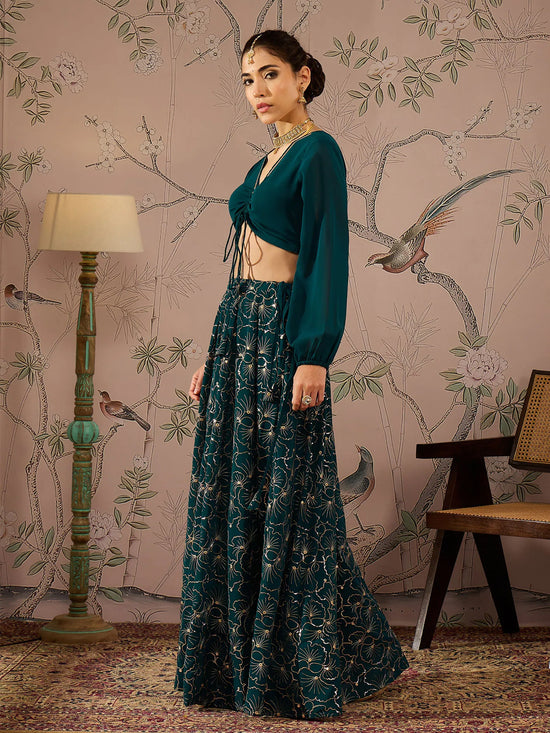 Women Teal Solid Crop Top With Sequins Anarkali Skirt-SHSET96088