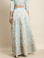 Powder Blue & Mint Green Foil Floral Anarkali Skirt