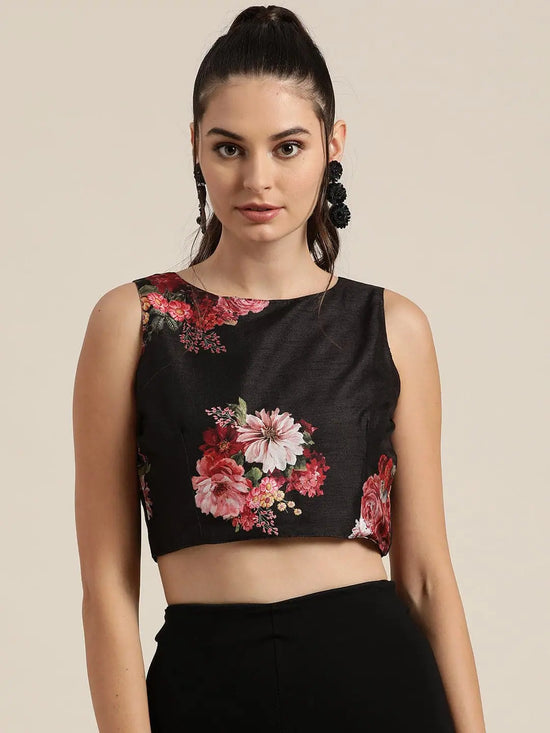 Black Floral Sleeveless Crop Top