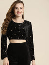 Black Full Sleeve Embroidered Velvet Crop Top