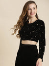 Black Full Sleeve Embroidered Velvet Crop Top