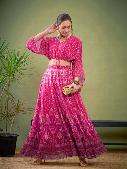 Women Pink Floral Anarkali Skirt With Crop Top