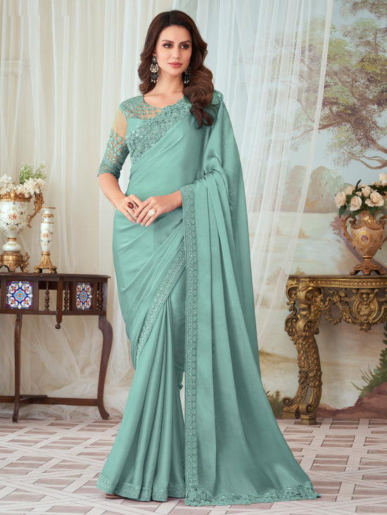 Saree Mall Women's  Blend Sea Green Embellished Designer Saree With Blouse Piece-SILVER27003D