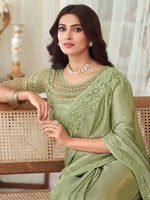 Saree Mall Women's  Blend Olive Embellished Designer Saree With Blouse Piece-SILVER27005