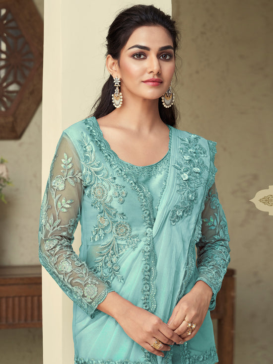 Saree Mall Women's Georgette Sea Green Embellished Designer Saree With Blouse Piece-SILVER28007B