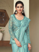 Saree Mall Women's Georgette Sea Green Embellished Designer Saree With Blouse Piece-SILVER28007B