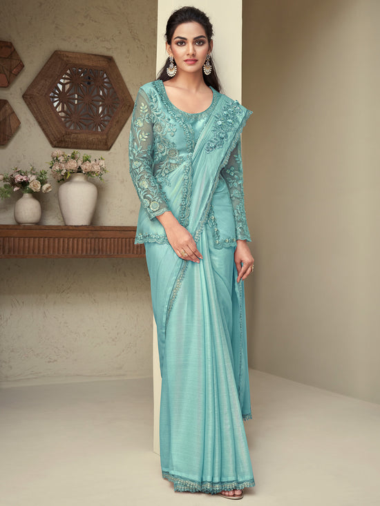 Saree Mall Women's Georgette Sea Green Embellished Designer Saree With Blouse Piece-SILVER28007B