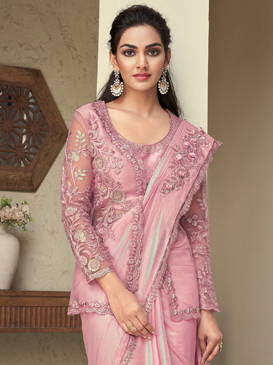 Saree Mall Women's Georgette Pink Embellished Designer Saree With Blouse Piece-SILVER28007D