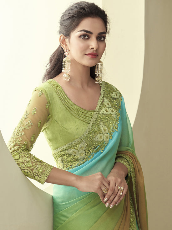 Saree Mall Women's Chiffon Light Green Embellished Designer Saree With Blouse Piece-SILVER28009