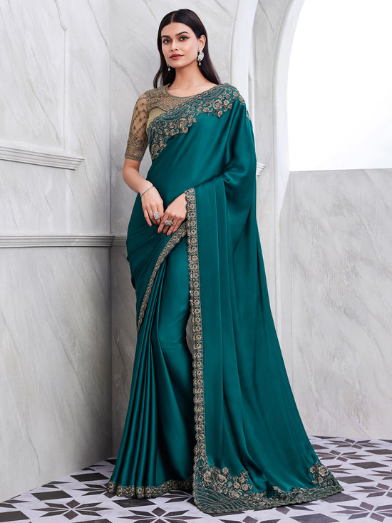 Saree Mall Women's Satin  Teal Blue Embellished Designer Saree With Blouse Piece-SILVER29002