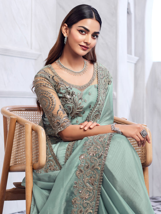 Saree Mall Women's Chiffon Sea Green Embellished Designer Saree With Blouse Piece-SILVER29011