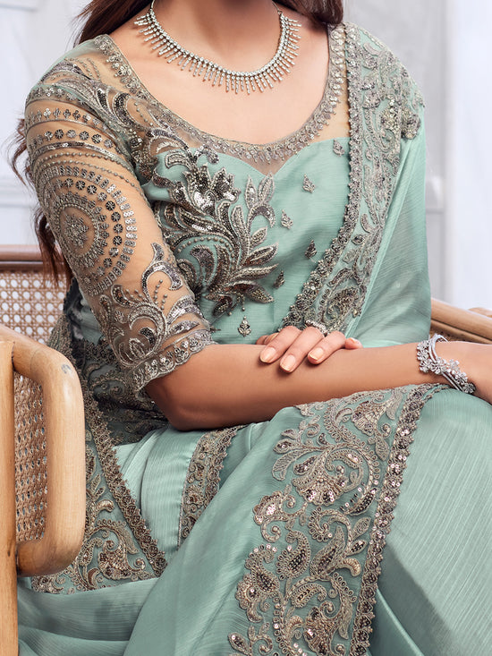 Saree Mall Women's Chiffon Sea Green Embellished Designer Saree With Blouse Piece-SILVER29011