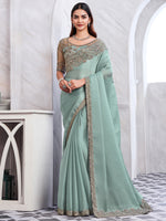 Saree Mall Women's Chiffon Sea Green Embellished Designer Saree With Blouse Piece-SILVER29011