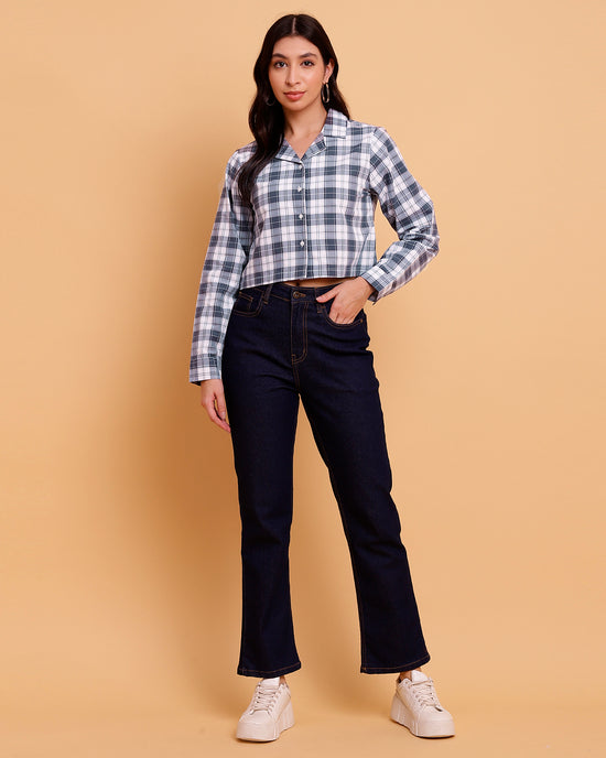 White Grey Checks Cotton Crop Shirt-SISH0110124