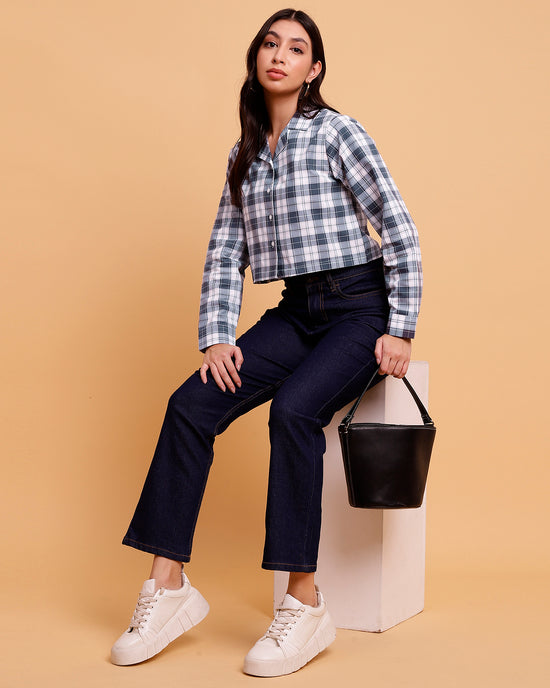 White Grey Checks Cotton Crop Shirt-SISH0110124