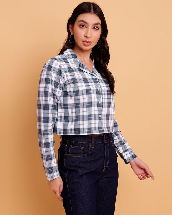 White Grey Checks Cotton Crop Shirt-SISH0110124