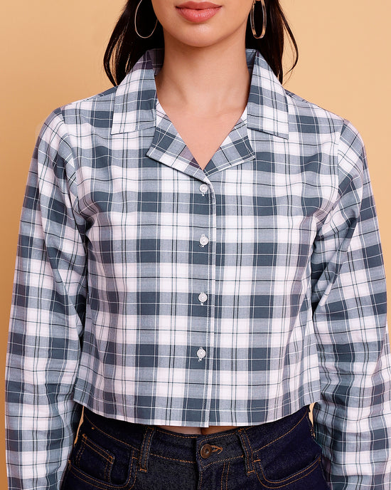 White Grey Checks Cotton Crop Shirt-SISH0110124