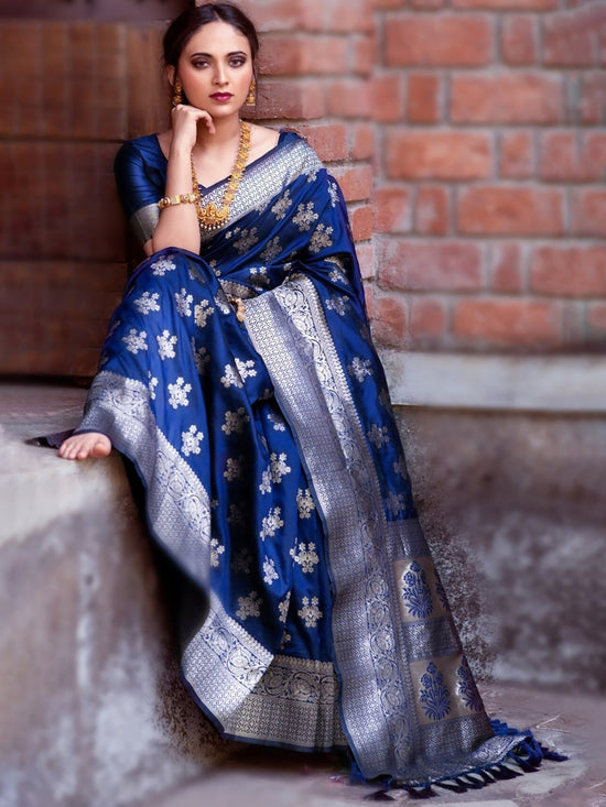 Saree Mall Women's  Blend Blue Woven Design Designer Saree With Blouse Piece-SITA1010